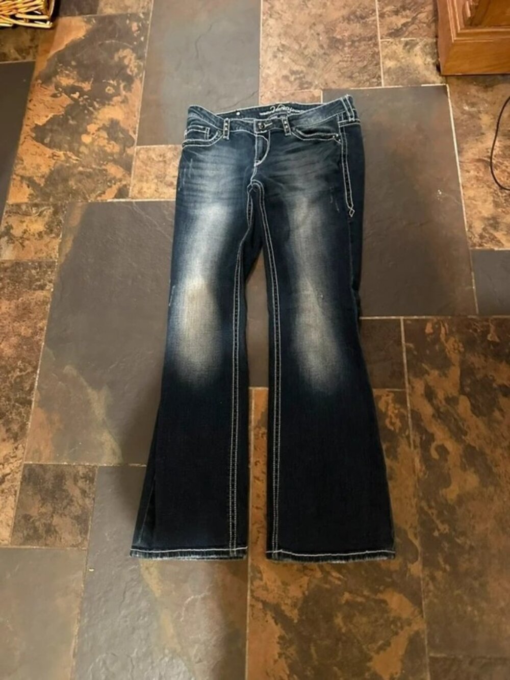 Vanity Premium Women’s 28x32 Bootcut Flare Jeans Dark Wash Studded Pocket Y2K